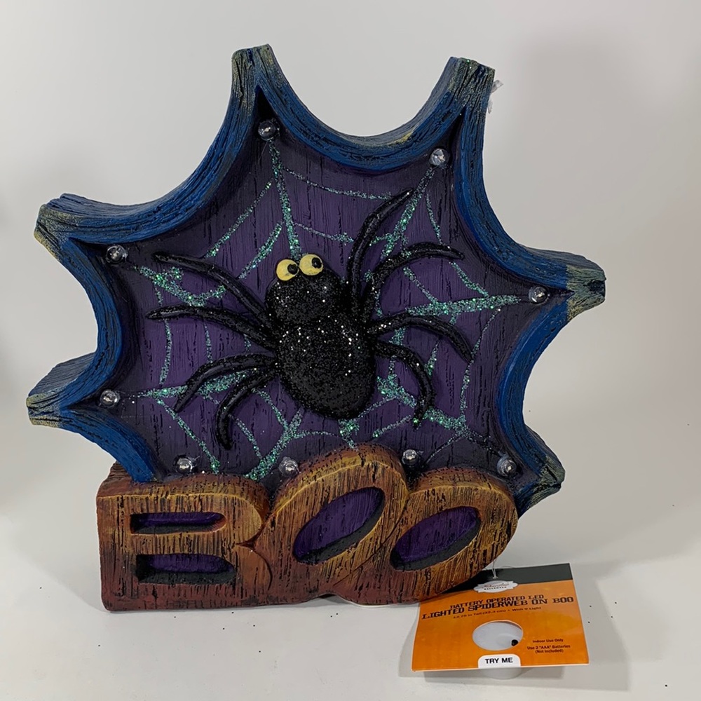 Halloween Lighted Spiderwed on Boo Statue
